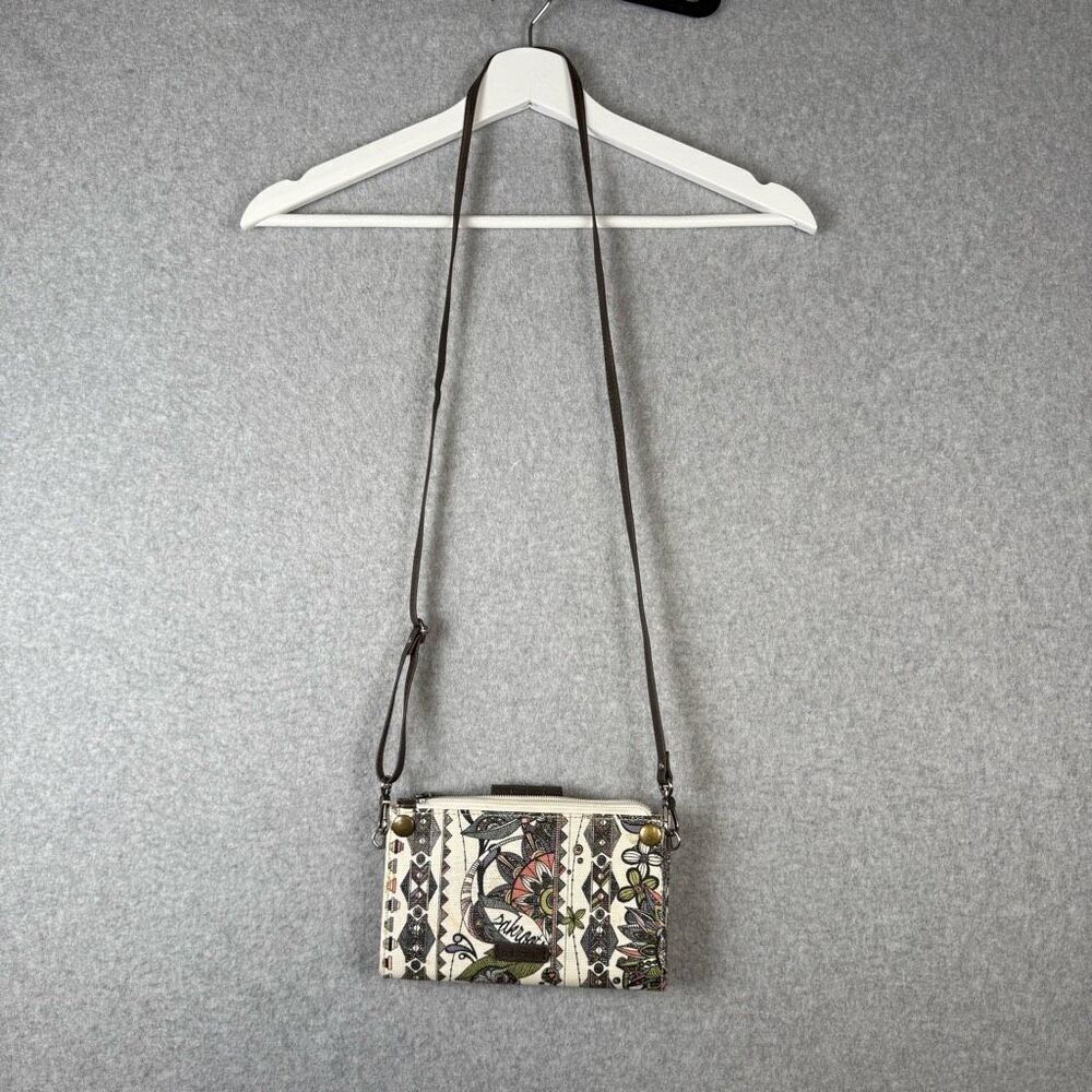 Sakroots Womens Vegan Leather Owl Print Crossbody Purse Wallet Cream Brown